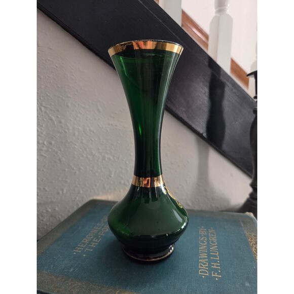 Bohemian Green Glass Vase 7" with Enamel Flowers & 22KT Gold Gilt Decoration - Picture 5 of 10